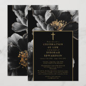 クリスチャン ブラック ゴールド フラワーの生命のお祝い 招待状 (正面/裏面)