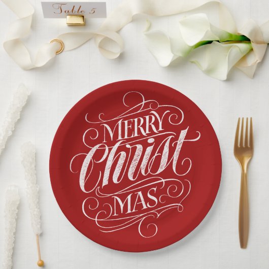 クリスチャン メリークリスマス チョークレタリング 赤 ペーパープレート (ウェディング)