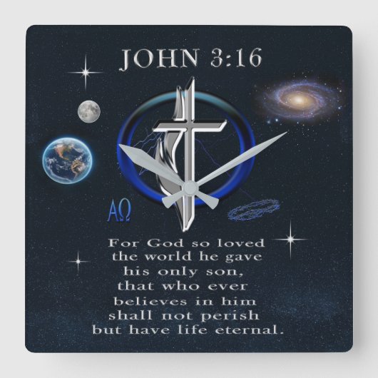 クリスチャン John 3:16 スクエア壁時計 (正面)