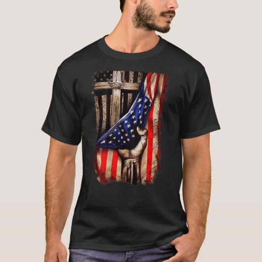 クリスチ男性へア女子ア誇りを持ったメリカ国旗 Tシャツ (正面)