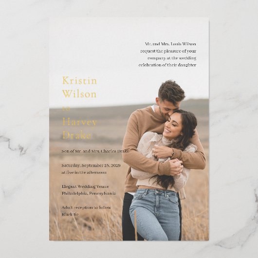 クリスティン写モダン真結婚の 箔招待状 (正面)