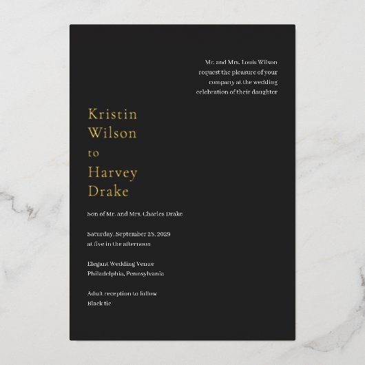 クリスティン炭モダン結婚の 箔招待状 (正面)