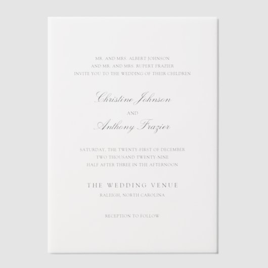 クリスティーン伝統的エレガントな結婚式 ベラム紙招待状 (正面)