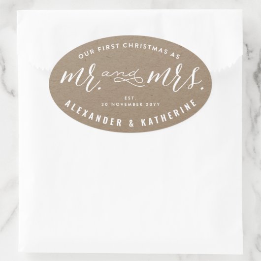 クリストフ＆ミセス・クラフトとしての私たちのファースト・クリスマス ウェディング 楕円形シール (バッグ)