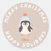 クリスパーソナライズされたおもしろいスホリデーペンギンピンク ラウンドシール (正面)