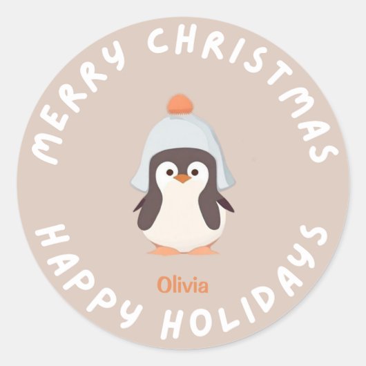 クリスパーソナライズされたおもしろいスホリデーペンギンピンク ラウンドシール (正面)