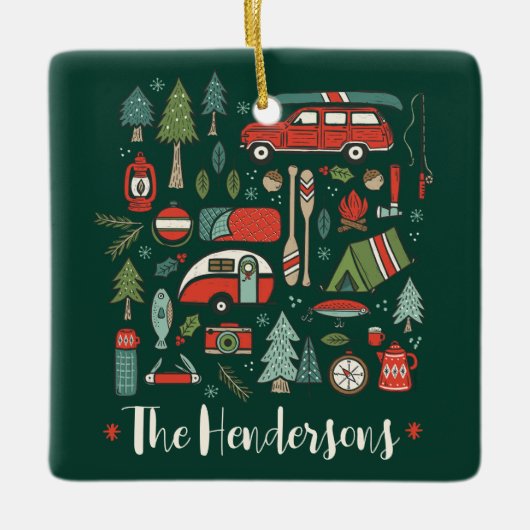 クリスパーソナライズされた素朴スマスキャンピングレイクハウス セラミックオーナメント (正面)