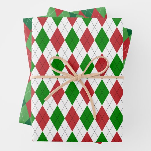 クリスマアーガイルスホワイトグリーンと赤 ラッピングペーパーシート (インサイチュ)