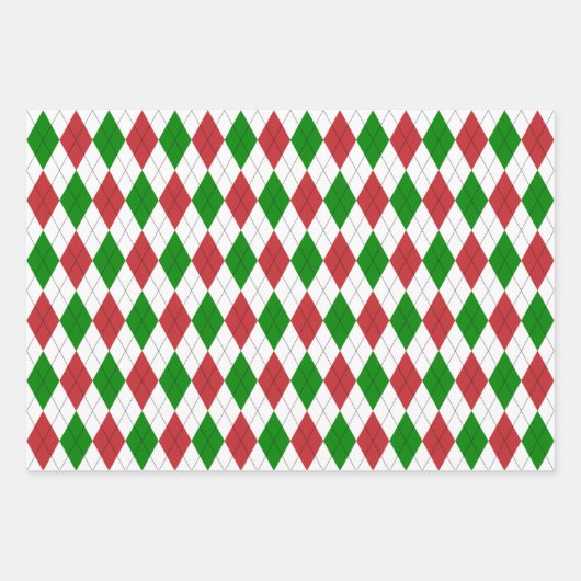 クリスマアーガイルスホワイトグリーンと赤 ラッピングペーパーシート (正面)