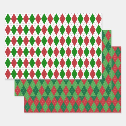 クリスマアーガイルスホワイトグリーンと赤 ラッピングペーパーシート (セット)