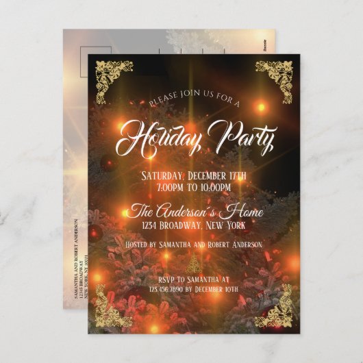 クリスマエレガントツリーホリデーパーティー招待状 シーズンポストカード (正面/裏面)