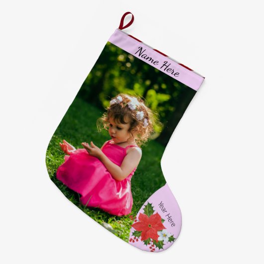 クリスマカスタムスの写真/文字ポインセチアフローラストライプ ラージクリスマスストッキング (正面 (吊り時))