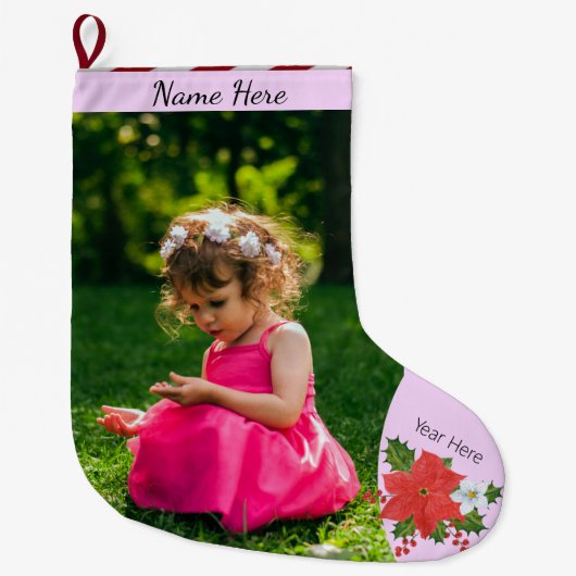 クリスマカスタムスの写真/文字ポインセチアフローラストライプ ラージクリスマスストッキング (正面)