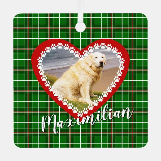 クリスマスあなたのペットの写真は赤い緑 メタルオーナメント (正面)