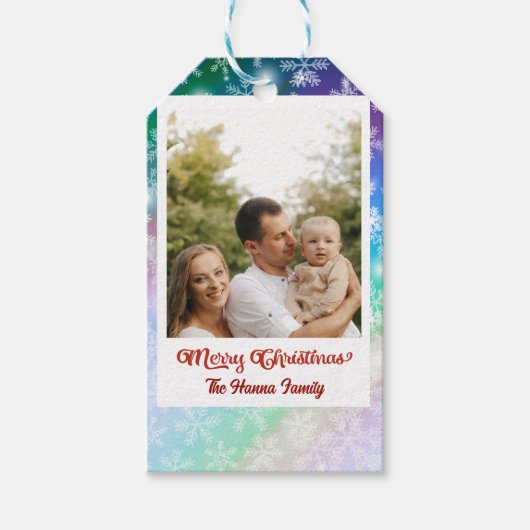 クリスマスあなたの写真と名前を追加，スノーフレーク ギフトタグ (正面)
