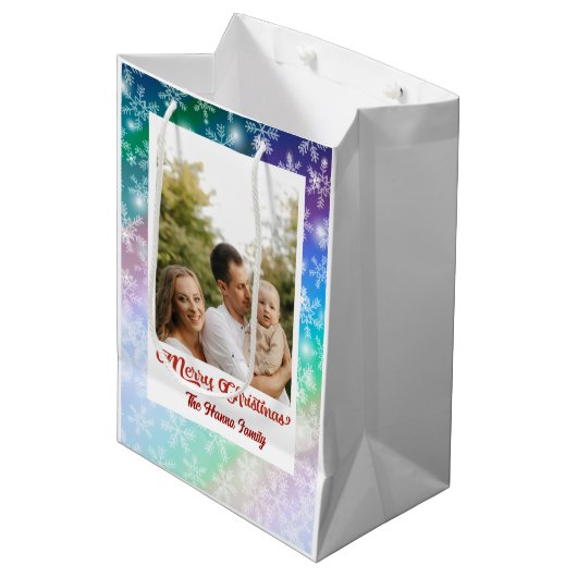 クリスマスあなたの写真と名前を追加,スノーフレーク ミディアムペーパーバッグ (正面アングル)