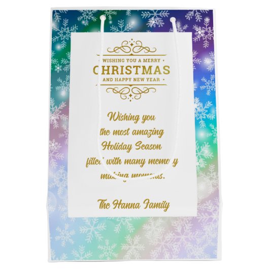 クリスマスあなたの写真と名前を追加,スノーフレーク ミディアムペーパーバッグ (裏面)