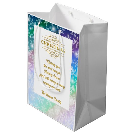 クリスマスあなたの写真と名前を追加,スノーフレーク ミディアムペーパーバッグ (裏面アングル)