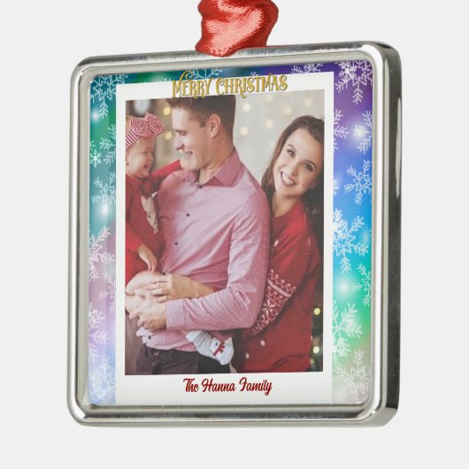クリスマスあなたの写真と名前を追加，スノーフレーク メタルオーナメント (左)
