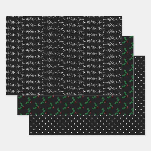 クリスマスあなたの名前、ホリー、および黒と白のドット ラッピングペーパーシート (セット)