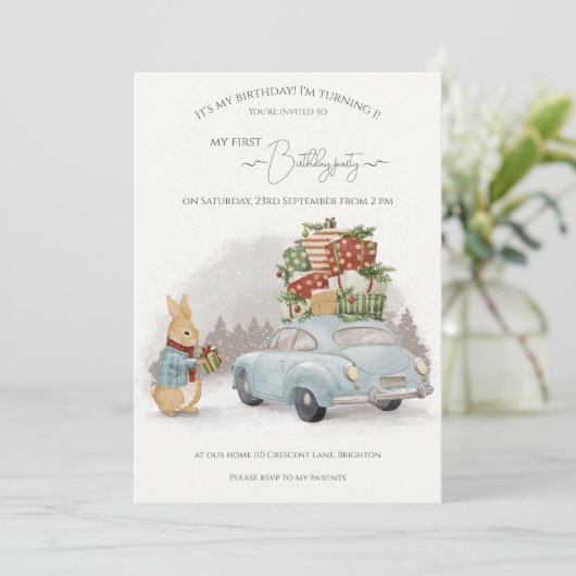 クリスマスうさぎのピーターと車 招待状 (スタンド正面)