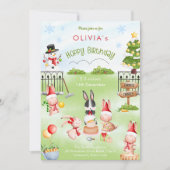 クリスマスうさぎ冬の子供誕生日パーティー 招待状 (正面)
