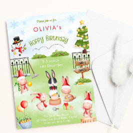 クリスマスうさぎ冬の子供誕生日パーティー 招待状