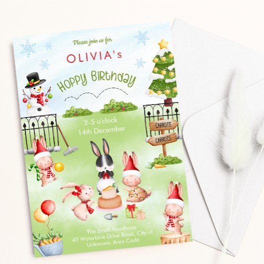 クリスマスうさぎ冬の子供誕生日パーティー 招待状