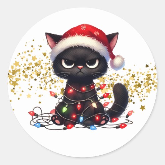 クリスマスおこりんぼ猫ステッカー ラウンドシール (正面)