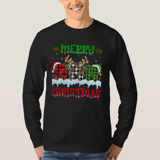 クリスマスおめでとう歯医者歯サンタ帽子Xmasヒョウ柄 Tシャツ (正面)