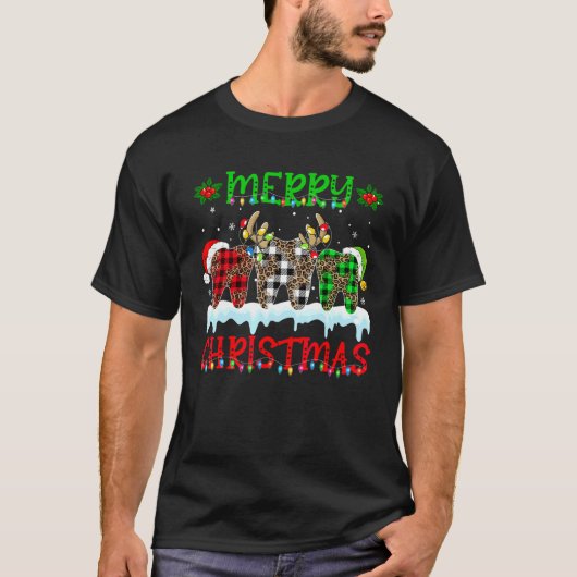 クリスマスおめでとう歯医者歯サンタ帽子Xmasヒョウ柄 Tシャツ (正面)