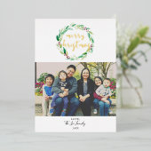 クリスマスおめでとう1枚の写真の水彩リースおしゃれ 箔シーズンカード (立ち正面)