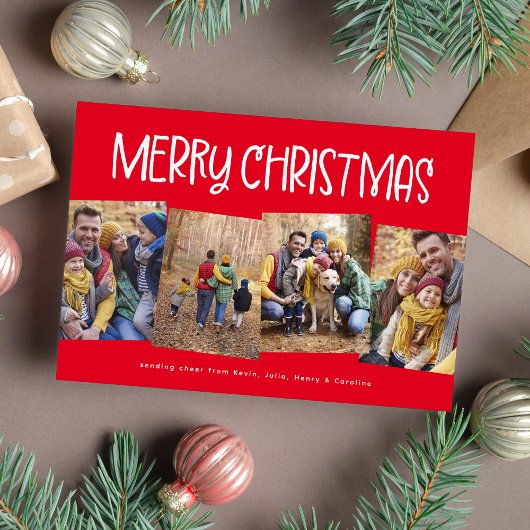 クリスマスおめでとう かわいい 楽しい 4枚の写真 赤 シーズンカード