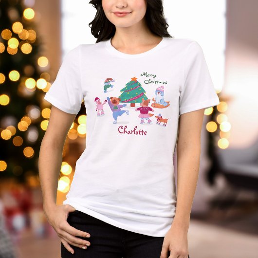 クリスマスおめでとう アイススケートの犬 名前入り レディース トライブレンドTシャツ