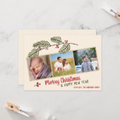 クリスマスおめでとう|グリーンと赤い実の3枚写真カード カード (正面/裏面インサイチュ)