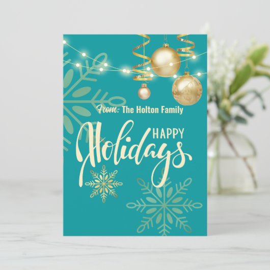 クリスマスおめでとう ゴールドの雪の結晶とオーナメント 招待状 (スタンド正面)