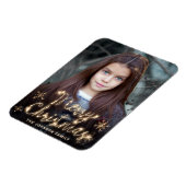 クリスマスおめでとう ゴールドスパークルスクリプト フォトグリーティング マグネット (左側)