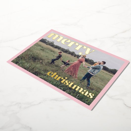 クリスマスおめでとう ゴールドホイル ピンク フォトカード 箔招待状 (回転した状態)