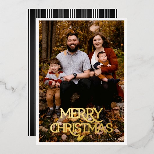 クリスマスおめでとう ゴールドホイル ブラック＆ホワイトストライプ 箔招待状 (正面/裏面)