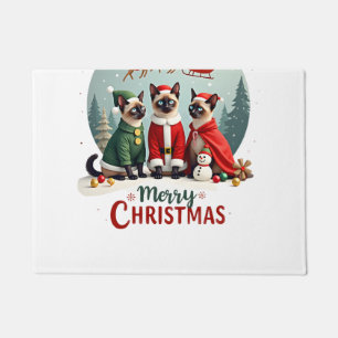 クリスマスおめでとう サンタ3人組のエルフとトナカイとシャムネコ ドアマット