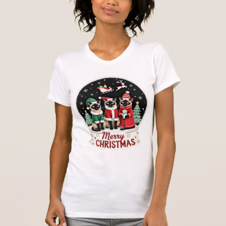クリスマスおめでとう サンタ3人組 妖精 トナカイ シャムネコ Tシャツ