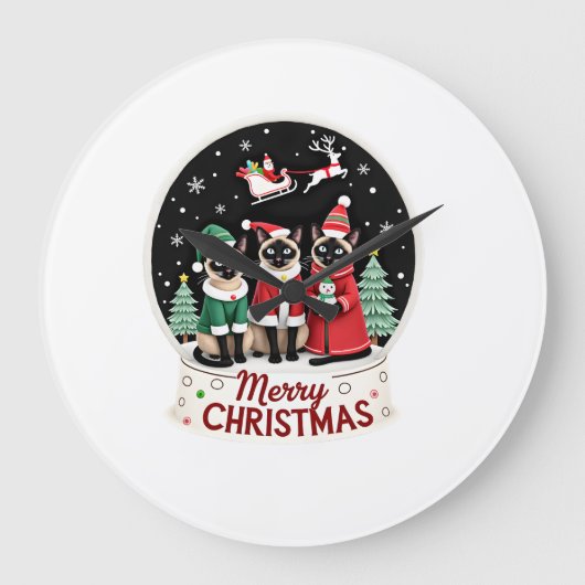 クリスマスおめでとう サンタ3人組 妖精 鹿 シャムネコ ラージ壁時計 (正面)