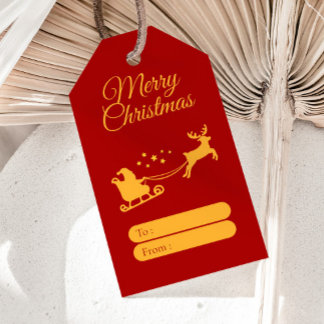クリスマスおめでとう サンタ＆トナカイ レッド ゴールド ギフトタグ
