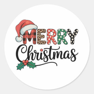クリスマスおめでとう バッファロー・チェック サンタ帽子 愛を込めて Xmas ラウンドシール