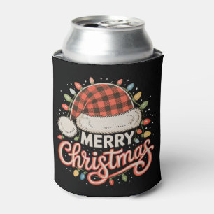 クリスマスおめでとう バッファロー 赤い市松模様 サンタ帽子 クリスマス 缶クーラー
