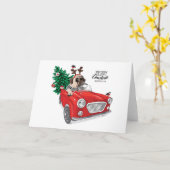 クリスマスおめでとう | パグが運転するヴィンテージカー カード (黄色い花)