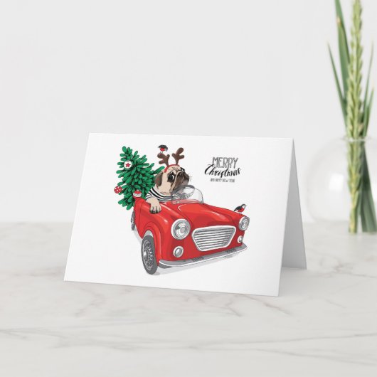 クリスマスおめでとう | パグが運転するヴィンテージカー カード (正面)