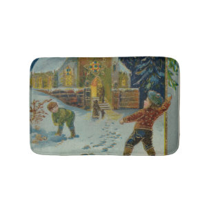 クリスマスおめでとう - ビンテージの雪玉飛ばしポストカード バスマット