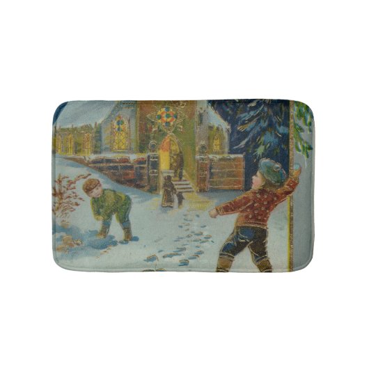 クリスマスおめでとう - ビンテージの雪玉飛ばしポストカード バスマット (正面)
