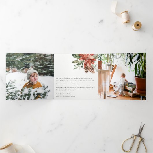 クリスマスおめでとう ポインセチア 松の木 3枚 フォト 水彩画 三つ折りクリスマスカード (内部)